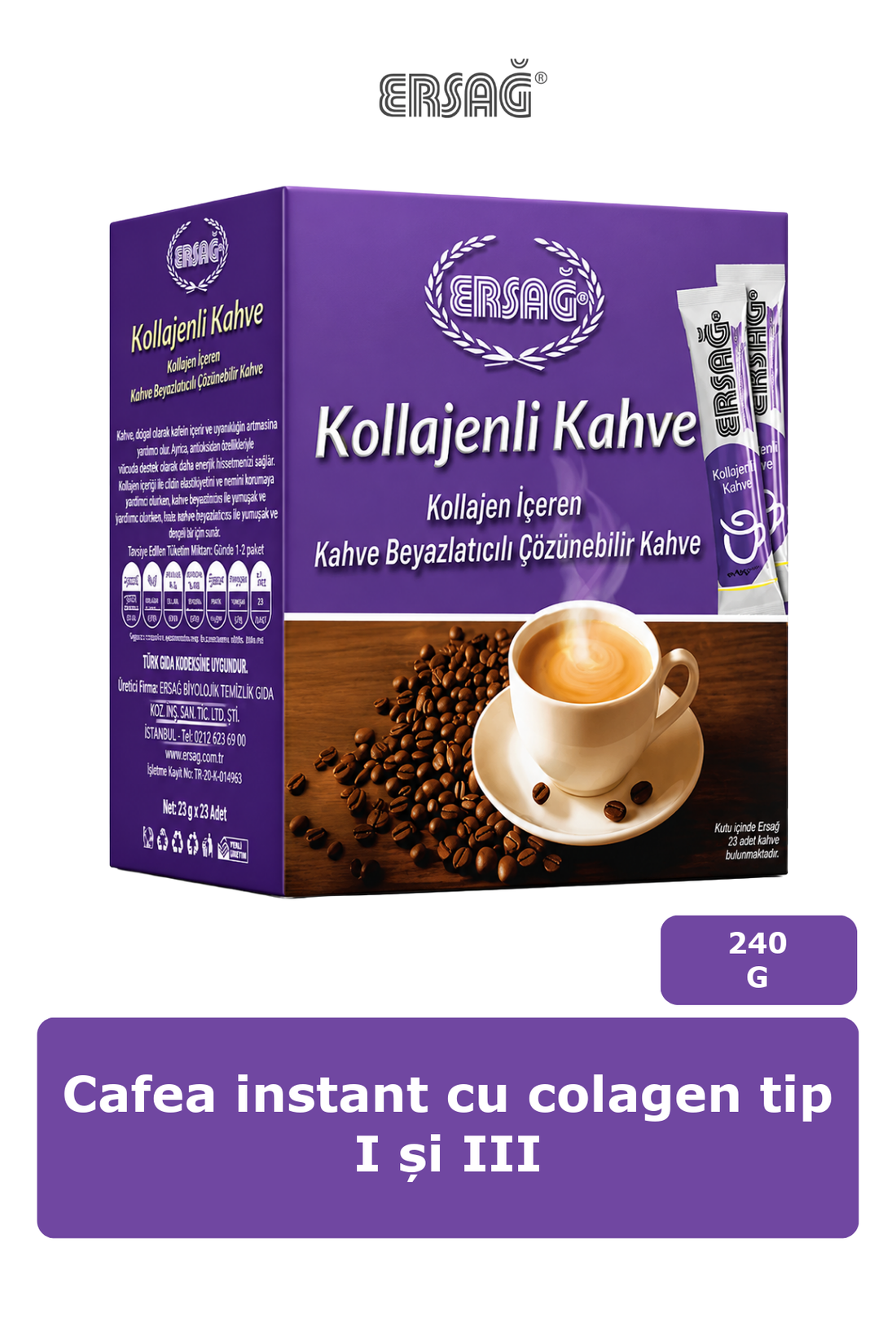 Imagine finală în limba română — ERSAĞ Cafea instant cu colagen tip I și III, 240 g