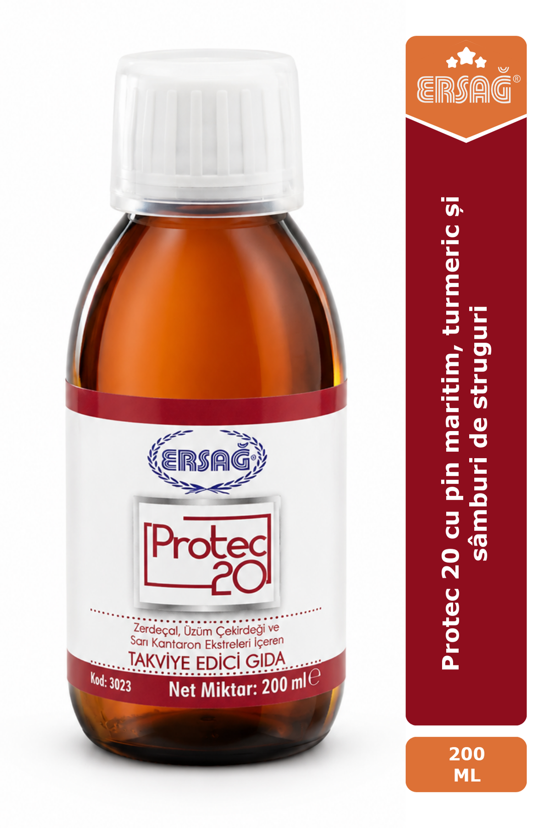 Imagine finală în limba română — ERSAĞ Protec 20 cu pin maritim, turmeric și sâmburi de struguri, 200 ml
