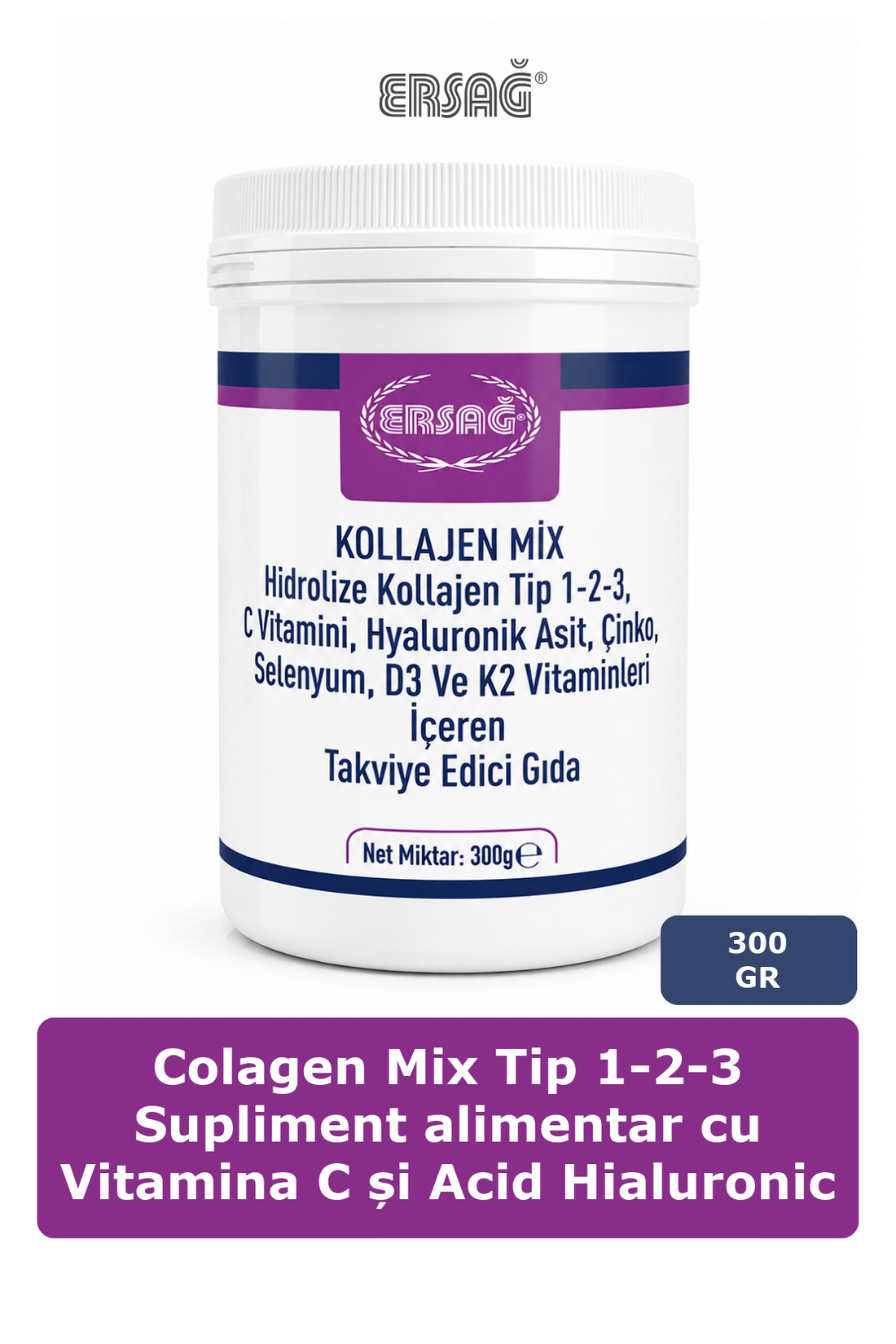 Imagine finală în limba română — ERSAĞ Colagen Mix Tip 1-2-3 Supliment alimentar cu Vitamina C și Acid Hialuronic 300 GR