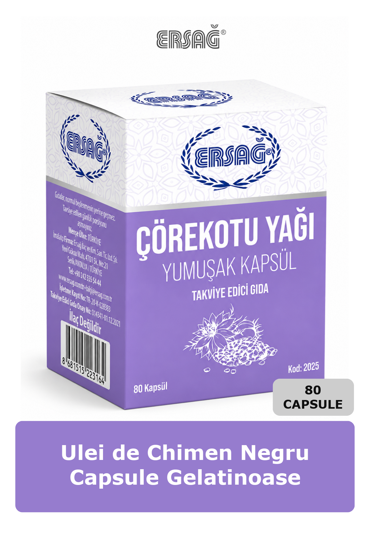 Imagine finală în limba română — ERSAĞ Ulei de Chimen Negru Capsule Gelatinoase 80 Capsule