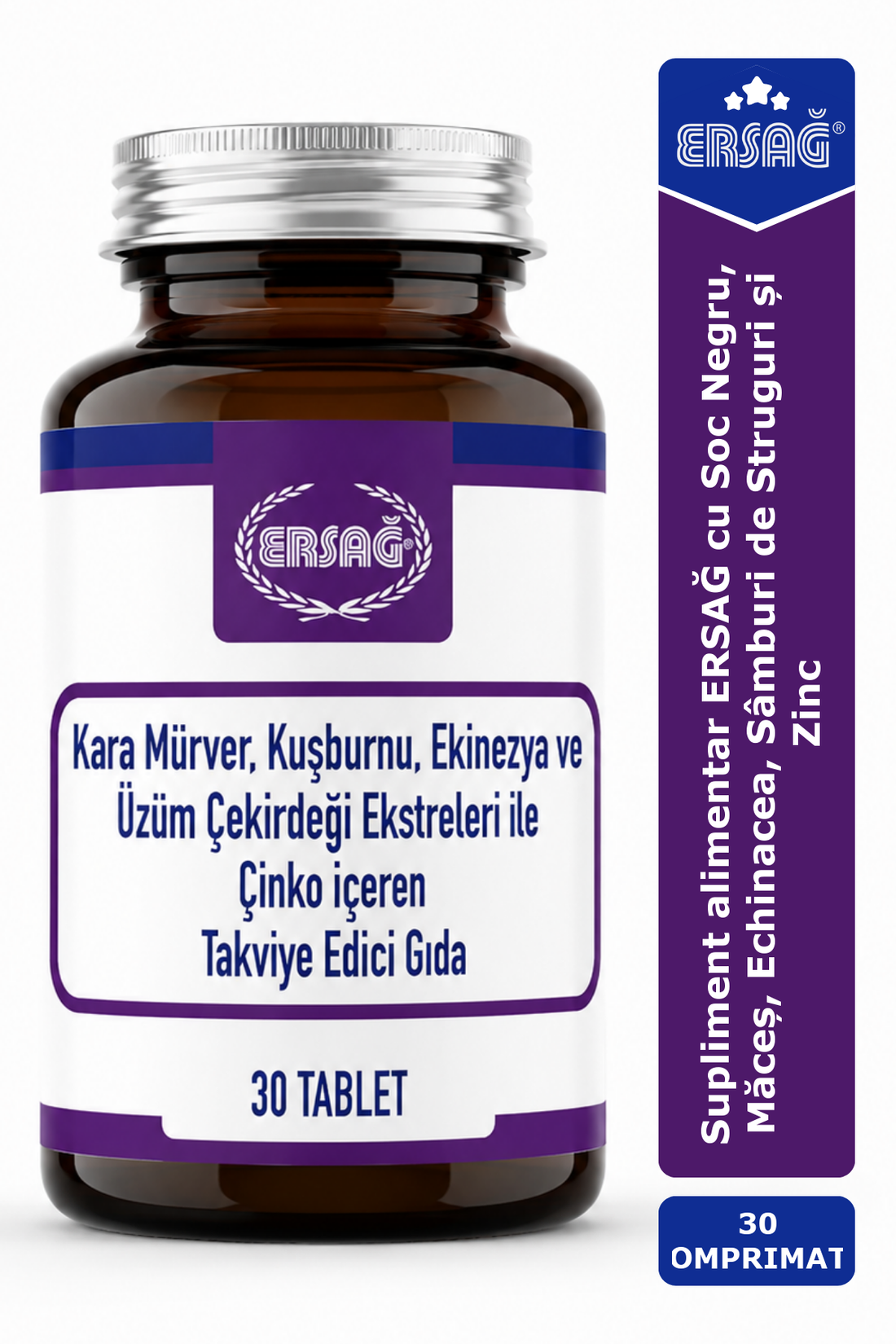 Imagine finală în limba română — Supliment alimentar ERSAĞ cu Soc Negru, Măceș, Echinacea, Sâmburi de Struguri și Zinc, 30 tablete