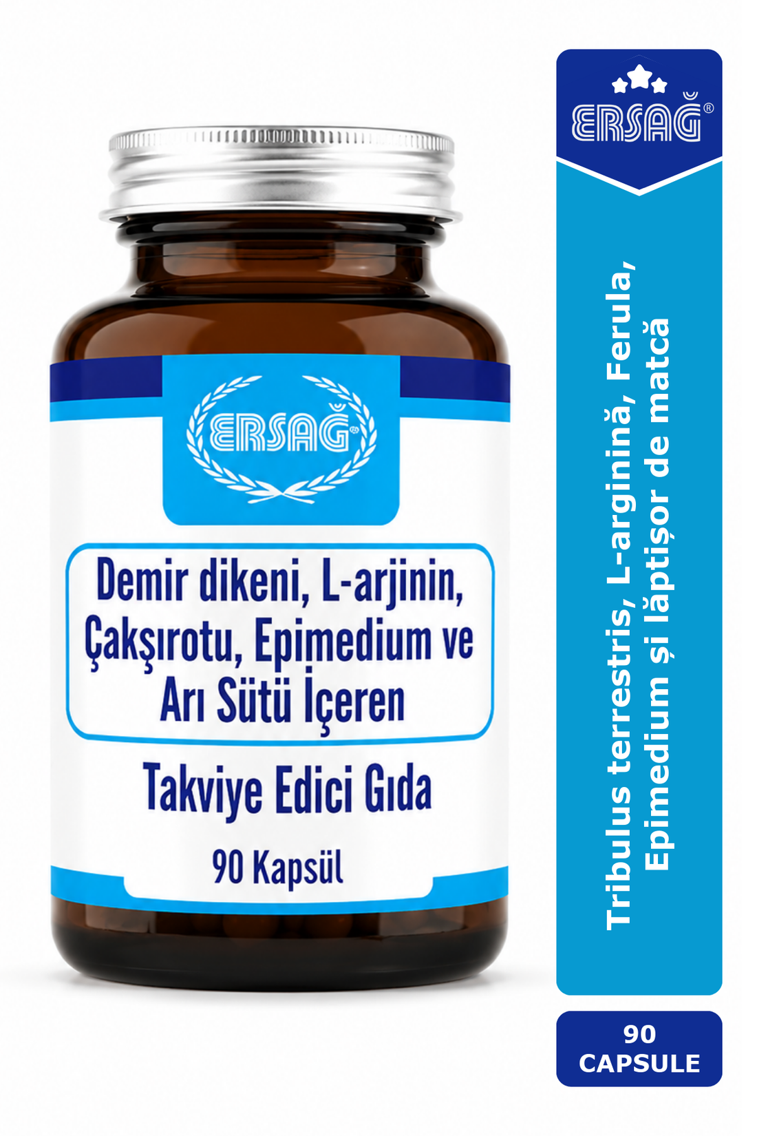 Imagine finală în limba română — ERSAĞ Tribulus terrestris, L-arginină, Ferula, Epimedium și lăptișor de matcă – 90 capsule