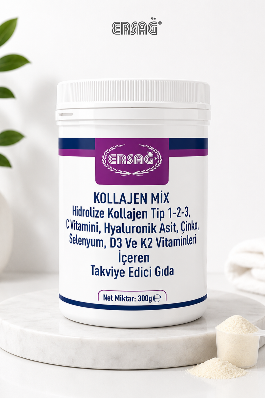 Imagine finală în limba română — ERSAĞ Colagen Mix Tip 1-2-3 Supliment alimentar cu Vitamina C și Acid Hialuronic 300 GR