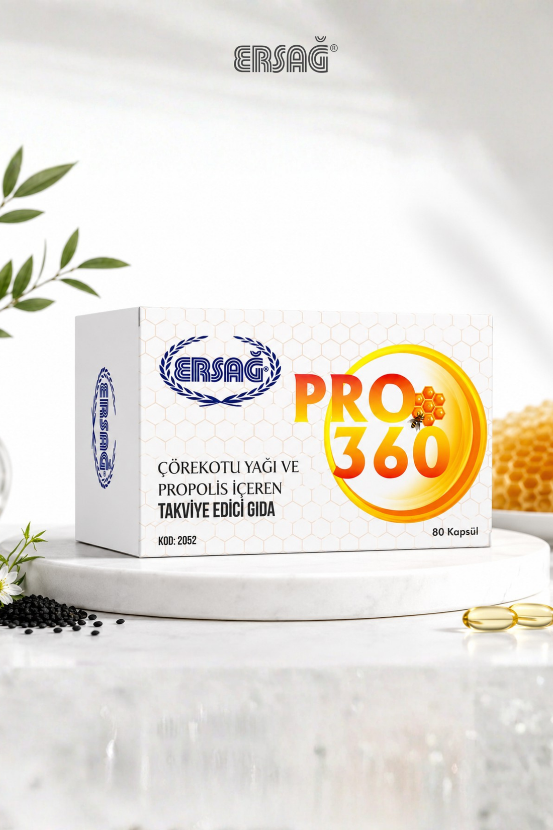 Imagine finală în limba română — ERSAĞ Pro 360 Propolis și Ulei de Semințe de Chimen Negru 80 capsule moi